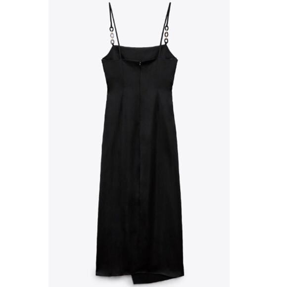 Zara Black Satin Effect Midi / Maxi Dress Gold Chain Spaghetti Straps Medium - Picture 5 of 13